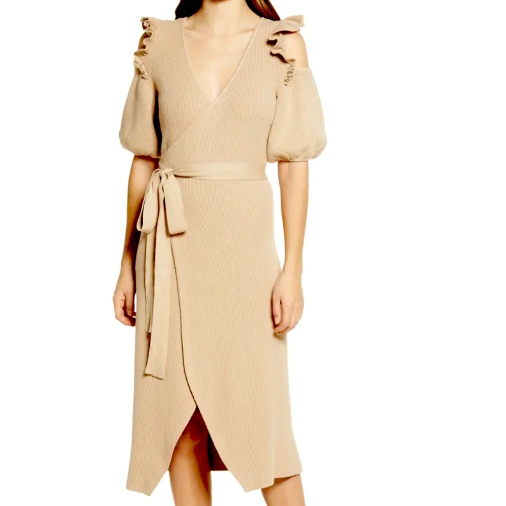 Never Fully Dressed ruffle cold shoulder wrap tie knitted midi dress in camel